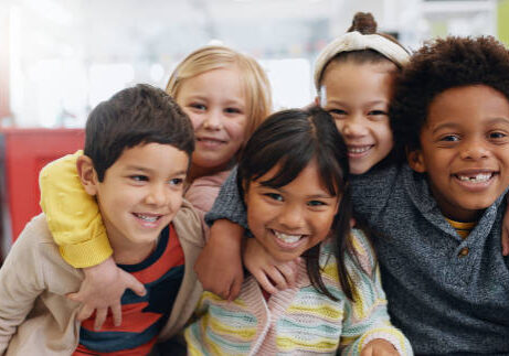 Science, portrait and group of kids with smile at convention, expo or exhibition with happiness. Student, children or face with smile at tradeshow or scientific conference for knowledge and education